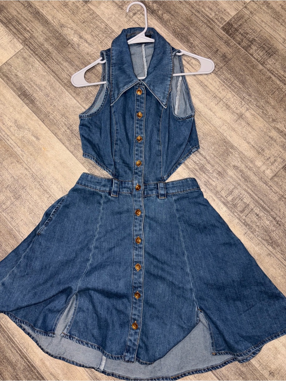 Sleeveless Backless Dark Blue Denim Dress with Button Front